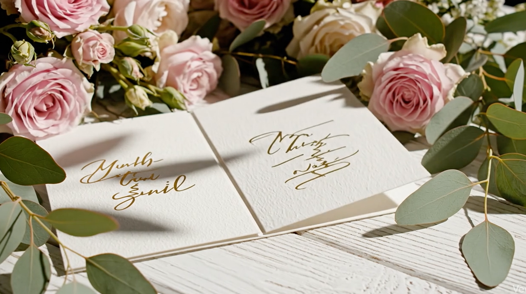 Cartoncino aperto sul tavolo con scritte dorate e rose rosa